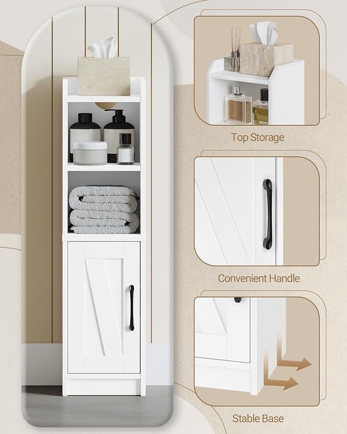 Hzuaneri Bathroom Storage Cabinet, Small Farmhouse Corner Floor Cabinet with Door and Shelves, Narrow Toilet Paper Holder Stand, Bathroom Organizer with Adjustable Shelf, for Small Spaces, White