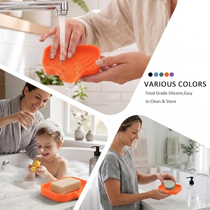 MicoYang Silicone Soap Dish with Drain Spout, Self-Draining Sink Organizer Tray for Bathroom and Kitchen, Sponges, Dispensers and Soap Holder, Non-Slip and Dishwasher Safe, Orange (Compact, 4.9"×3.2")