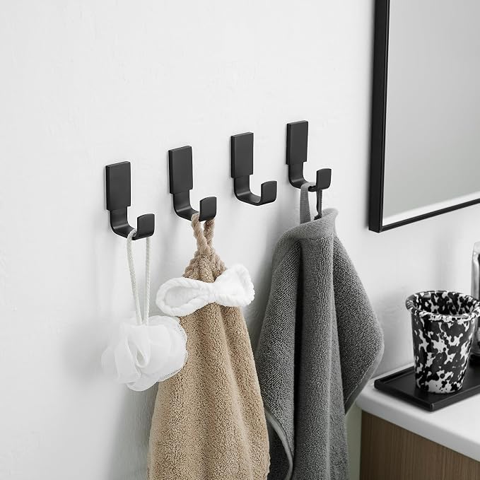 BESy Brass Clothes Hook Single Towel Hook for Bathroom Kitchen Garage Square Style Robe Hooks Coat Hooks Hat Hook, Wall Mounted with Screws, Four Packs, Matte Black