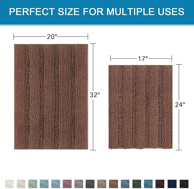 H.VERSAILTEX 2 Piece Bathroom Set Extra Thick Chenille Striped Pattern Bath Rugs for Bathroom Non Slip Soft Plush Shaggy Bath Mats for Floor(Caramel, 32 x 20 Plus 24 x 17 - Inches)