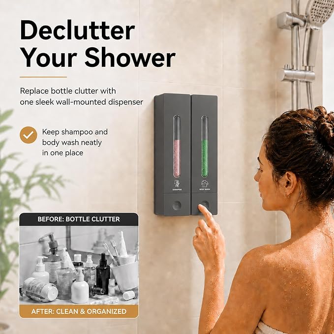 Shampoo and Conditioner Dispenser - Wall-Mounted 3-Chamber Shower Soap Dispenser, No-Drill, 1200ML Capacity, for Bathroom & Hotel