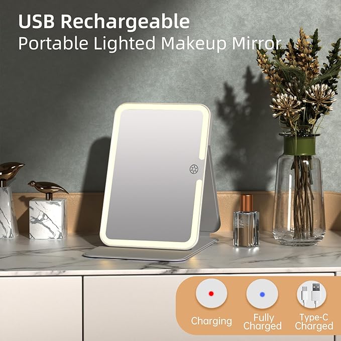 FUNTOUCH Rechargeable Travel Lighted Makeup Mirror with PU Leather Cover | Portable Travel Makeup Mirror with lights, 3 Color Lighting,Touch Dimmable, Light Up Tabletop Cosmetic Mirror Folding Flower