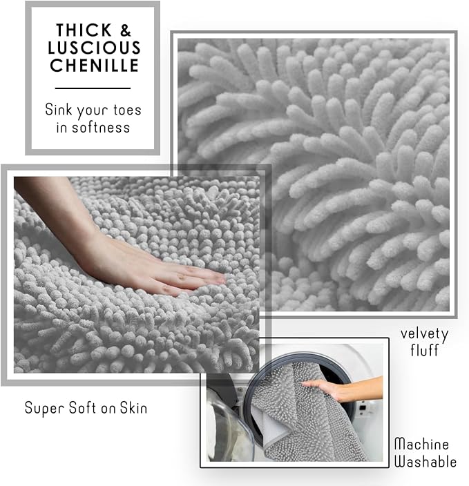 Hearth & Harbor Bathroom Rugs, Chenille Bath Mat - Machine Washable Bath Mats for Bathroom Non-Slip Backing Rubber, Quick Dry Mat - Silver Bath Rug, 17x24-20x32-20x24