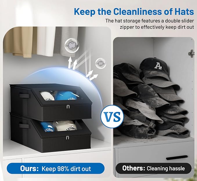 AOODA Sturdy Hat Storage for Baseball Caps, Holds up to 24 Caps Clear Hat Organizer for Closet, Bedroom, Wide Hat Box with Cardboard (Pure black)
