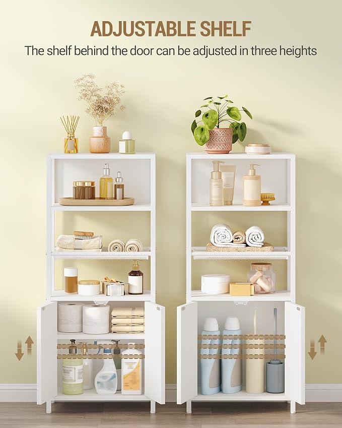 Hzuaneri Storage Bathroom Cabinet, Bathroom Floor Cabinet with Doors and Open Adjustable Shelf, Small Cabinets with Ventilated Metal Grid, Freestanding Storage Cabinets, White 7.9"D x 15"W x 35.5"H