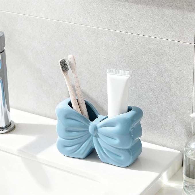 Bow Toothbrush Holder， 2-Slot Toothbrush and Toothpaste Holder Cute Toothbrush Holder Set, Bathroom Counter Organizer for Bathrooms, Floss, Razors - Blue