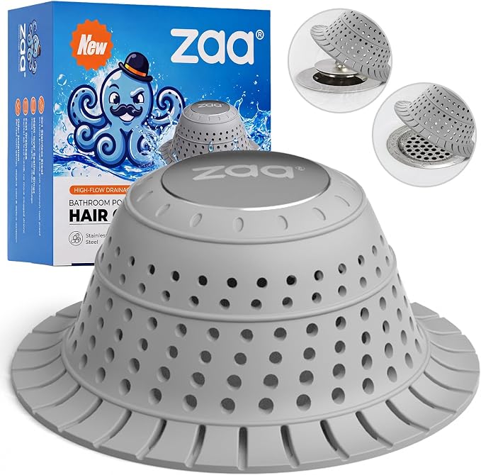 Shower Drain Hair Catcher Bathtub Drain Strainer Sink Drain Protector | Collapsible Pop-Up Drain Hair Catcher, Traps Hair & Prevents Clogs, Easy to Clean, Bathroom Fixture Accessories, Gray