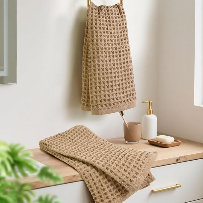 Waffle Bathroom Hand Towels 2-Piece (Tan) – Cotton, Soft, Lightweight | Lint Free, 13” x 29”