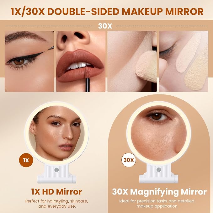Makeup Mirror with Light, 1X/30X, 3 Colors, Rechargeable 2000mAh | Double-Sided Mirror with Adjustable Brightness for Vanity Tables, Bathrooms, Makeup, Skincare, and Grooming, Grey