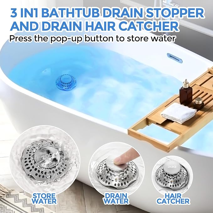 zaa 2 in 1 Bathtub Drain Stopper & Hair Catcher Pop-Up Plug | Upgraded Silver Pop Up Tub Plug for 1.46-2" Drain, Replaces Lift & Turn Tip-Toe or Trip Lever, Easy Hair Catcher