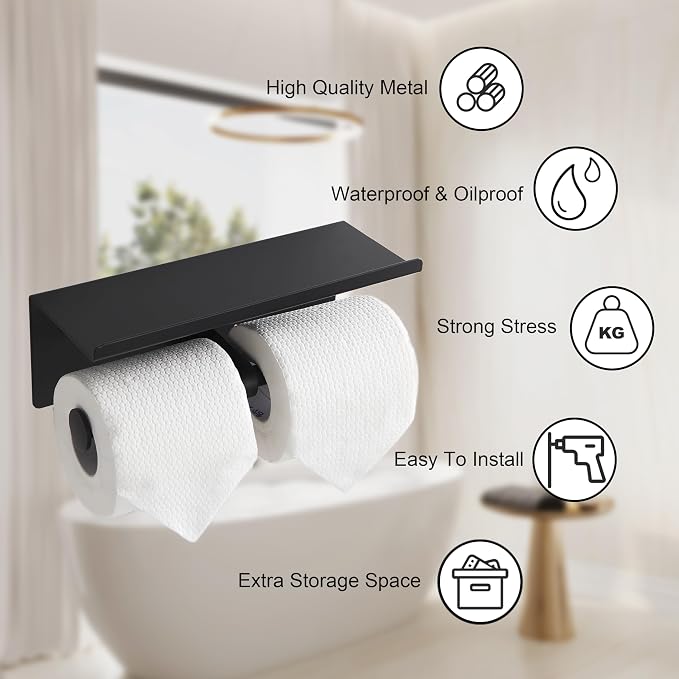 Black Toilet Paper Roll Holder with Shelf Wall Mounted for Bathroom (Black, Double Head)