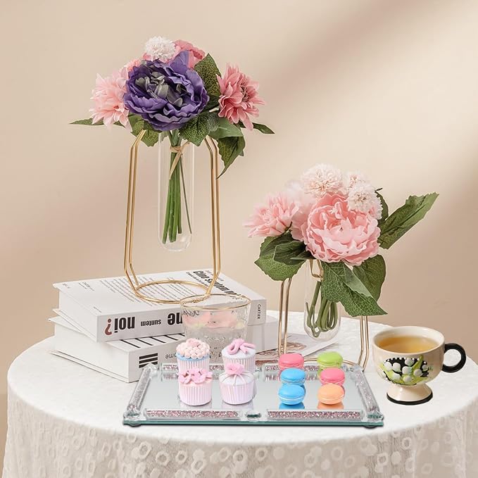 Mirror Perfume Tray for Dresser,Crushed Diamond Filled Glass Vanity Tray,Decorative Bathroom Tray,Crystal Tray for Home Decorative,Party,Hotel Banquet,11.8"x 7.9"x1.2",Pink