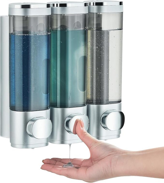 Pollock Shower Soap Dispenser No Drill 3 Chamber*300ML,Silver | Shampoo and Conditioner Dispenser Wall Mounted,Shampoo Body Wash Conditioner for Bathroom Large Capacity