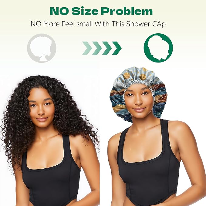 2 PCS Shower Cap Waterproof Double Layer Elastic Adjustable Reusable Hair Bath Caps for Girls Women Cute Aesthetic-Blue