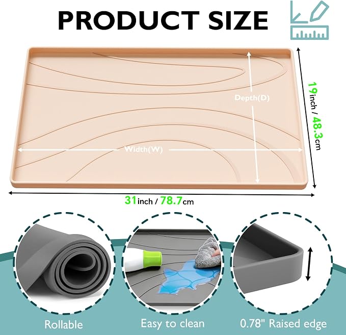 Under Sink Mat 31" x 19", Silicone Under Sink Liner for Kitchen and Bathroom, Waterproof Cabinet Protector Drip Tray, Protects Cabinets from Leaks and Spills