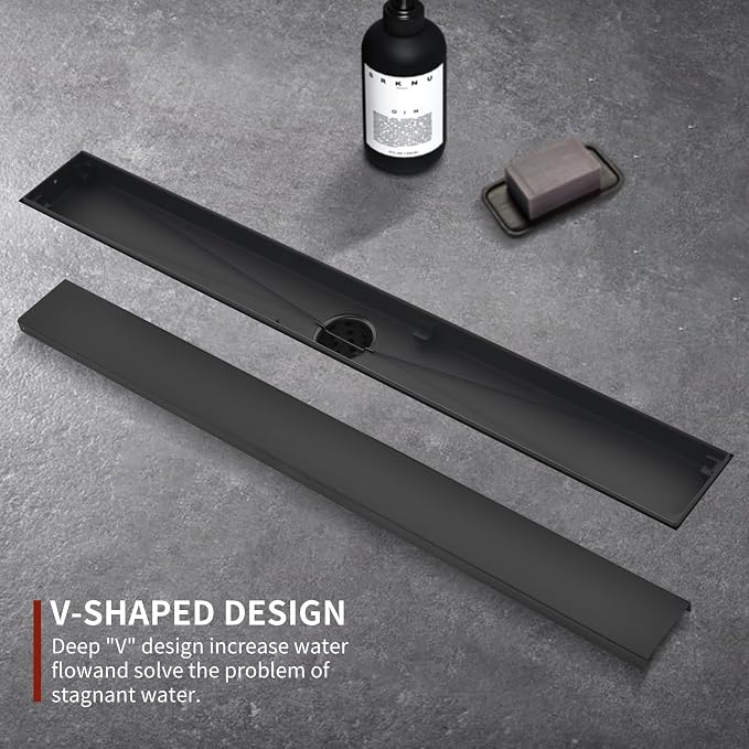 Linear Shower Drain ，with Tile Insert Panels ，28 Inch Black 304 Stainless Steel Rectangle Shower Floor Drain，with Hair Catcher, Adjustable Feet，Fits Bathroom, Balcony