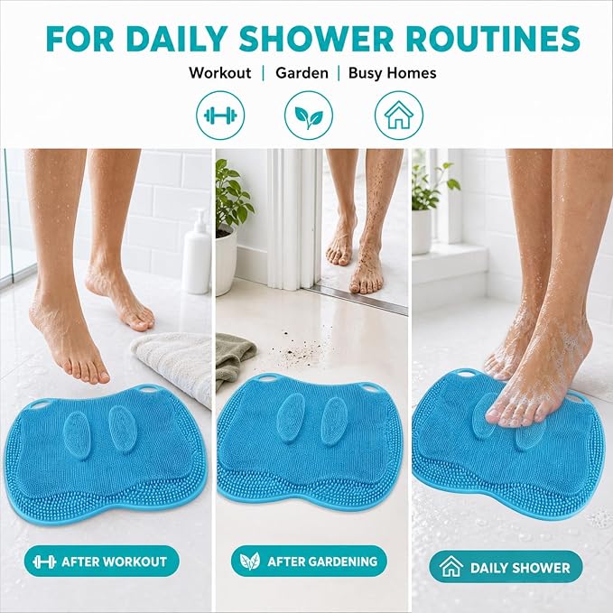 XL Silicone Shower Foot Scrubber Mat with Suction Cups, Foot Washer for Shower, Foot and Back Scrubber for Smooth Shower Wall or Floor, Blue, 17.3 x 12.9 in
