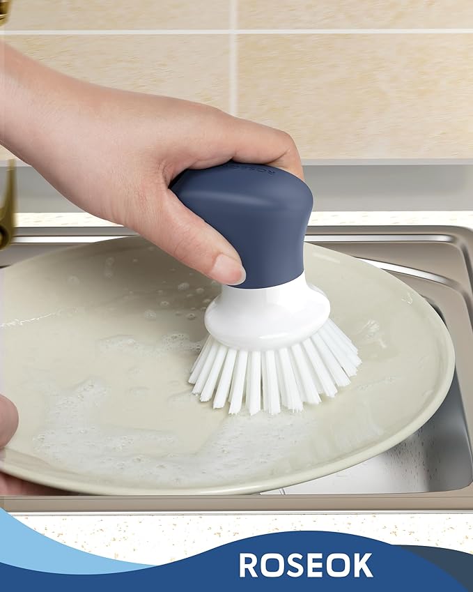 ROSEOK Dish Scrub Brush, Palm Brush, Kitchen Brush, Nylon Bristles | Self-Standing Dish Scrubber with Ergonomic Grip for Cleaning Dishes, Non-Stick Pans and Sinks, Navy Blue, 2 Pack