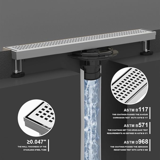 Linear Shower Drain | 32 Inch AISI 304 Stainless Steel Shower Drain, Brushed Nickel Linear Drain with Removable Quadrato Grate Cover & Adjustable Feet, Rectangle Floor Drain, in Bathroom Balcony etc