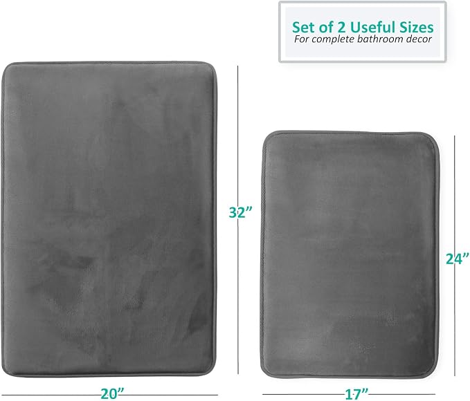 Clara Clark 2 Piece Bathroom Rugs Bath Mat Set, Velvet Memory Foam Bath Mats for Bathroom - Non-Slip, PVC Backing Bath Rugs, Washable - Dries Quickly, Grey
