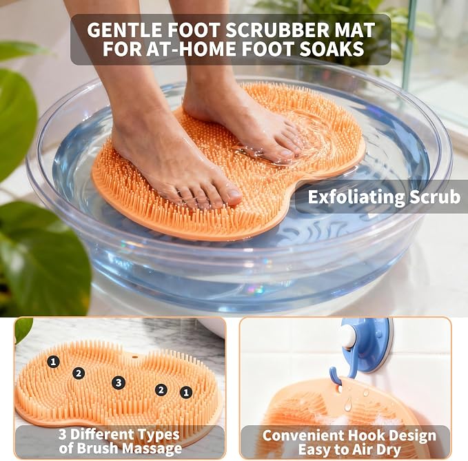 Shower Foot Scrubber Mat with 3 Types of Upgraded Brushes for Massage, Shower Back Scrubber with Micro Suction Cups,Back Washer Exfoliating Bath,Shower Scrubber for Body at Home Spa(Orange)