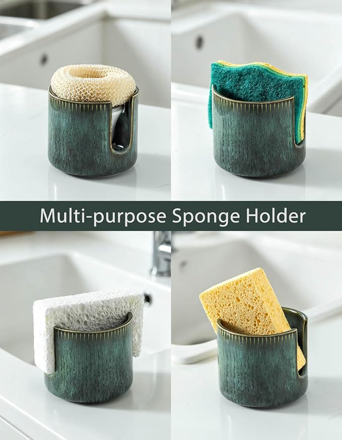 Sponge Holder for Kitchen Sink Countertop, Ceramic Scrub Sponge Dish Holder, Compact Sink Caddy Organizer Accessories for Dish Brush, Scrubber, Vintage Green