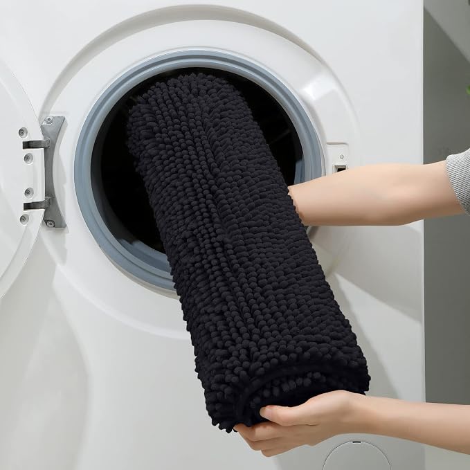 HOMEIDEAS Black Long Chenille Bathroom Rugs Set of 3, Non Slip Bath Mat | Super Absorbent, Soft Microfiber, Machine Washable, Stain Resistant, for Bathroom Decor