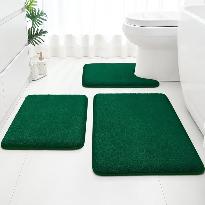 HOMEIDEAS 3 Piece Bathroom Rugs Set, Dark Green 17"x24"+20"x32"+20"x24" | Memory Foam, Ultra Soft, Super Absorbent Bath Mats, Non Slip Backing, U Shaped Toilet Rug for Bathroom, Tub and Shower