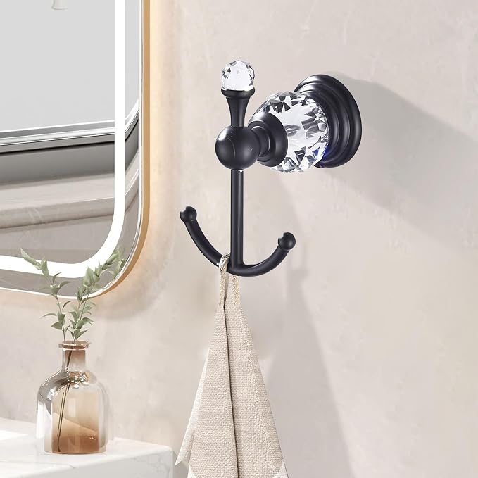 Crystal Black Towel Hook, Bathroom Robe Hook, Coat Rack Hanger Heavy Sturdy Double Towel Hooks Bath Farmhouse Clothes Hook Wall Mounted Modern for Bathroom Kitchen Washroom