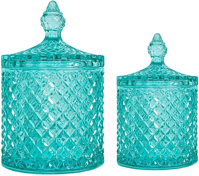 2 Pack Glass Qtip Holder, Apothecary Jars with Lids Bathroom Storage | Green (10+24oz), Storage for Cotton Swabs, Balls, Pads, Floss Pick, Makeup, Candy & Jewelry, Vanity Organizer for Bathroom