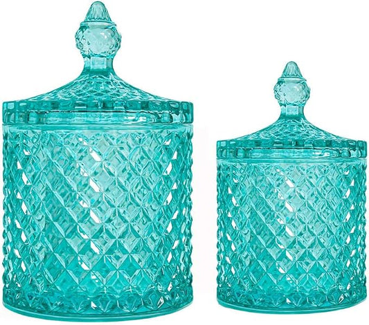 2 Pack Glass Qtip Holder, Apothecary Jars with Lids Bathroom Storage | Green (10+24oz), Storage for Cotton Swabs, Balls, Pads, Floss Pick, Makeup, Candy & Jewelry, Vanity Organizer for Bathroom