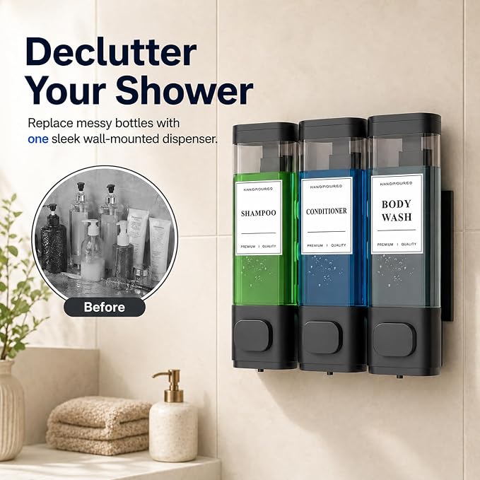 Shampoo and Conditioner Dispenser – Wall-Mounted Shower Soap Dispenser, No-Drill Installation, Lockable, 900 ml Capacity,for Bathroom & Hotel or Airbnb (Black, 3-Pack)