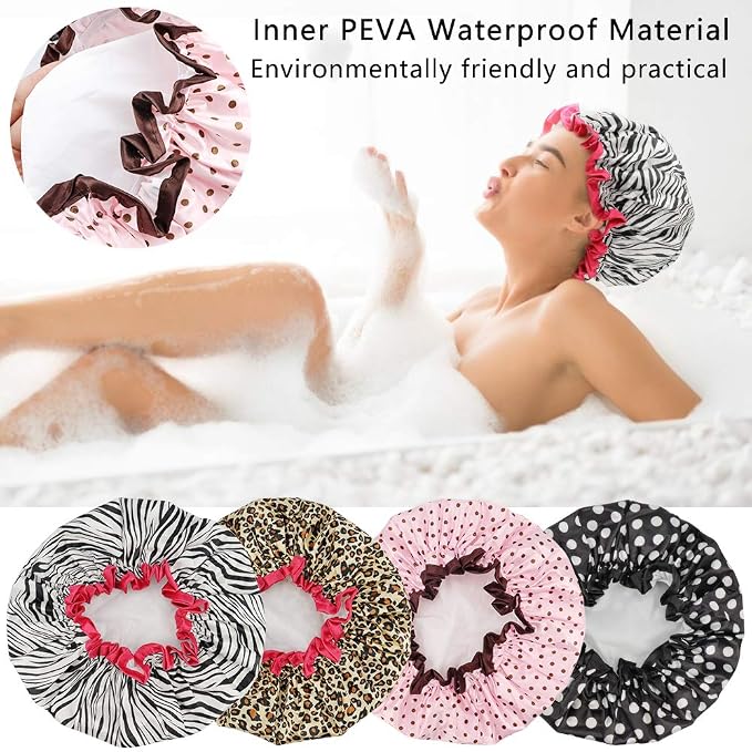 4 Pcs Shower Cap for Women Double Waterproof Layers Reusable Elastic | Elastic, Reusable, Environmental Protection, Double Waterproof Layers
