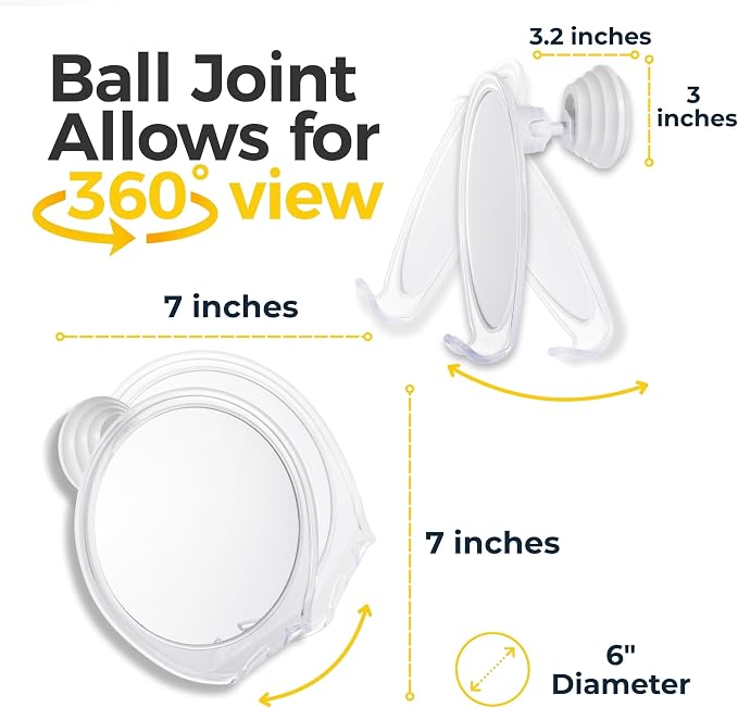 HONEYBULL Fogless Shower Mirror for Shaving with Suction Mount, White | Shatterproof Acrylic Bathroom Accessory With 360 Swivel & Built-in Razor Hook, Clear Reflection in Steam & No-Drill Setup