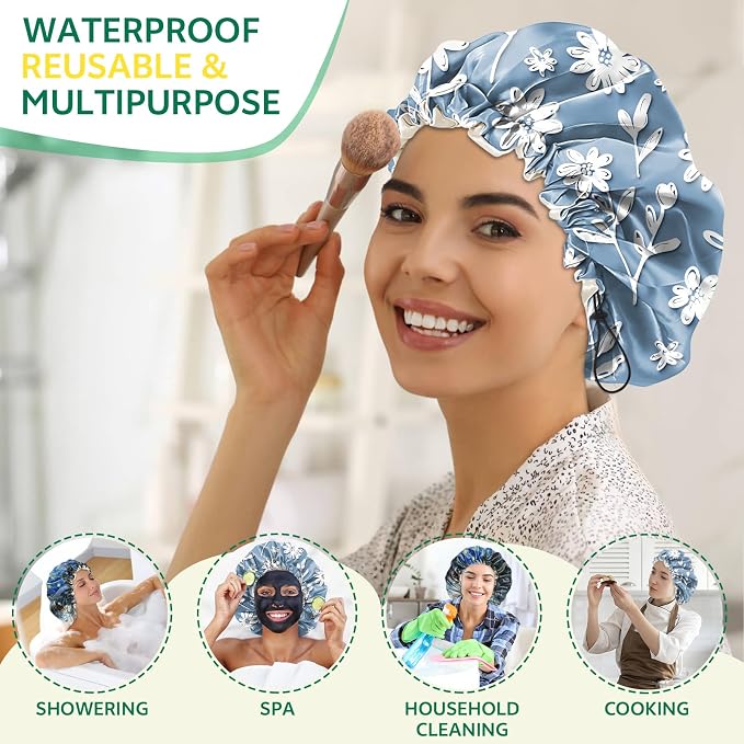 2 PCS Shower Cap Waterproof Double Layer Elastic Adjustable Reusable Hair Bath Caps for Girls Women Cute Aesthetic-Blue White