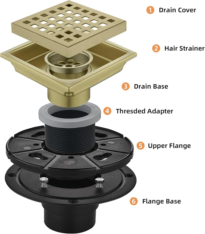 Square Shower Drain 4-Inch with ABS Flange, Brushed Gold, Removable Grille,Bathroom Stainless Steel Shower Floor Drain