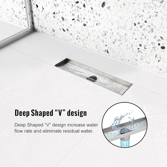 Linear Shower Drain, 12 inch Drain with Removable Grate Cover, Brushed 304 Stainless Steel Shower Floor Drain, Linear Drain with Hair Strainer and Adjustable Feet