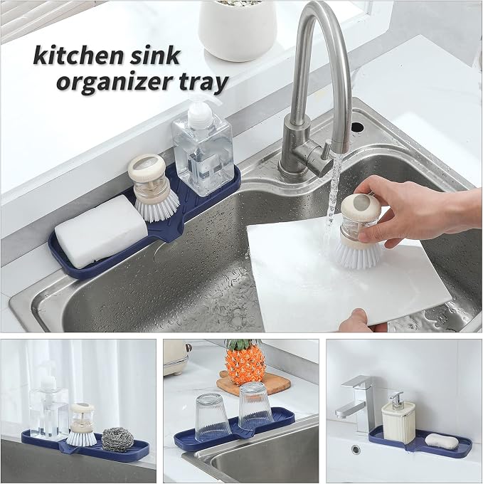 MicoYang Silicone Soap Dish with Drain Spout — Self-Draining Double Sink Organizer Tray for Kitchen & Bathroom, Dispensers, Sponges & Soap Holder, Non-Slip & Dishwasher Safe, Navy Blue (Large, 12"×4")