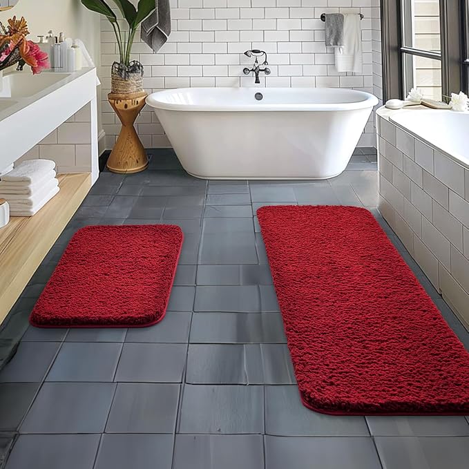 MIULEE Red Bathroom Rugs Set 2 Piece Soft Bath Mats 16x24+16x48 Inch | Soft Absorbent Microfiber Bath Rugs, Non Slip, Quick Dry, Fluffy Bath Rugs for Bathroom Floor Tub Showers, Machine Washable