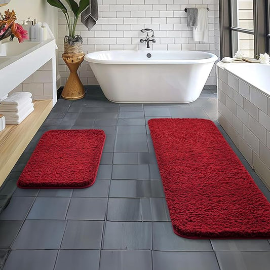 MIULEE Red Bathroom Rugs Set 2 Piece Soft Bath Mats 16x24+16x48 Inch | Soft Absorbent Microfiber Bath Rugs, Non Slip, Quick Dry, Fluffy Bath Rugs for Bathroom Floor Tub Showers, Machine Washable