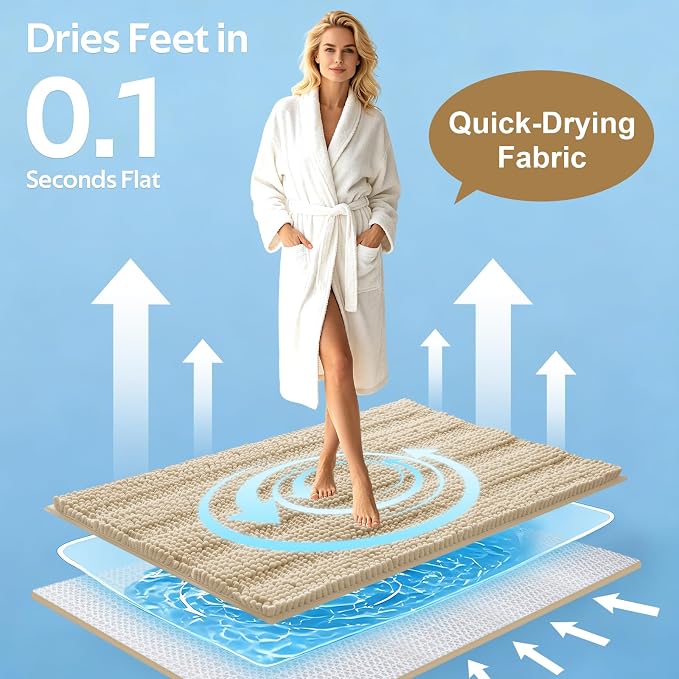 ACCUMTEK Striped Beige Toilet Bathroom Rug Mat Set 2 piece Rug Ultra Soft, Non Slip Chenille Bath Rugs, Absorbent Plush Shaggy Bath Mats for Bathroom, Bedroom, Kitchen, Shower, Tub