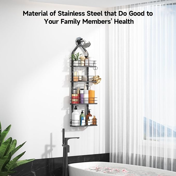 Shower Caddy Hanging (Black), Adjustable Anti-Swing-Over The Shower Head Caddy, 4 Tier Stainless Steel Bathroom Storage Organizer Bathroom Shelves Basket Rack Shower Caddies (4Tier)