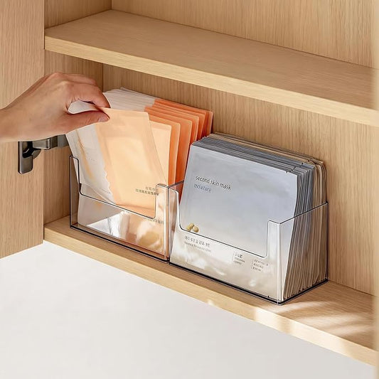 PAVSTINE 2 Pack Clear Medicine Cabinet Organizer, Slim Open Face Mask Storage Box for Sheet Masks and Skincare, Space-Saving Makeup Holder for Bathroom, Vanity, Countertop