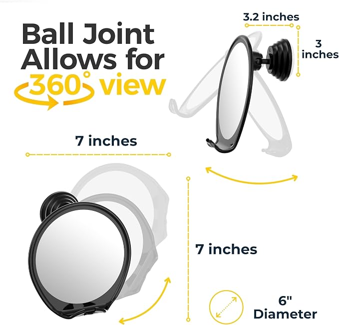 HONEYBULL Fogless Shower Mirror for Shaving with Suction Mount, Black | Shatterproof Acrylic Bathroom Accessory With 360 Swivel & Built-in Razor Hook, Clear Reflection in Steam & No-Drill Setup