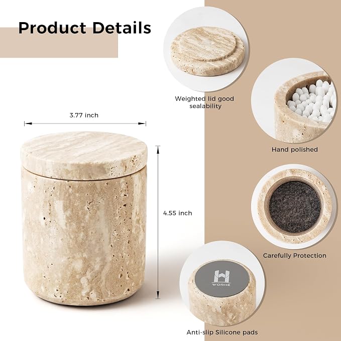 Travertine Qtip Holder Dispenser with Lid for Cotton Swabs,Balls,Pads,Floss Picks Large Capacity Marble Apothecary Jar for Bathroom Essentials Decor, Vanity Makeup Storage Organizer Beige(WH050)