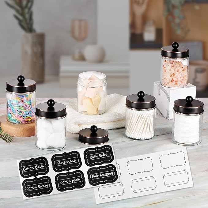 Amolliar 6 Pack Apothecary Jars Bathroom Organizer - Rustic Farmhouse Decor Qtip Holder with Stainless Steel Lids - Glass Bathroom Storage Canisters for Cotton Swabs, Rounds, Balls, Flossers (Bronze)