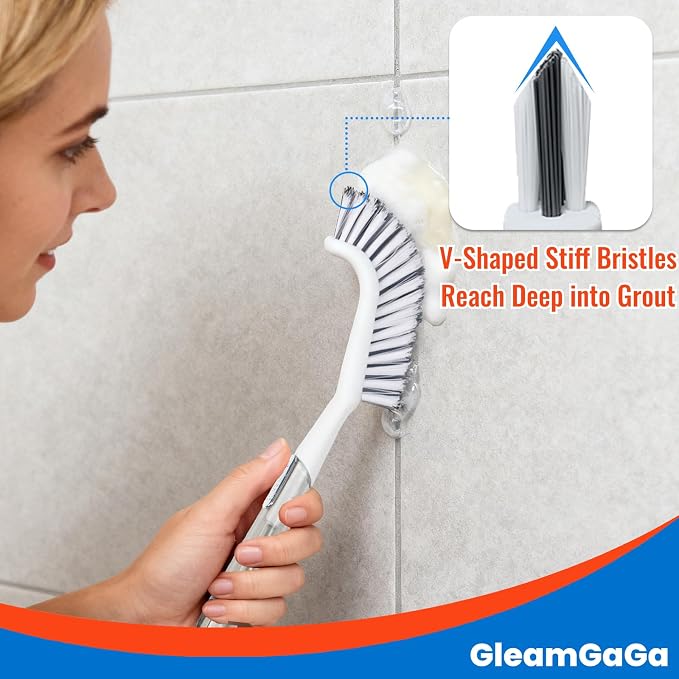 3 Pack Shower Brush for Cleaning, Heavy-Duty Scrub Brush Set for Bathroom | 3 Specialized Brushes, Stiff Bristles, Curved Brush, V-Shaped Grout Brush, Bathroom Deep Cleaning