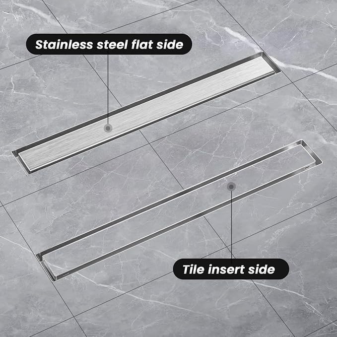 EXF Linear Shower Drain 24 Inch Tile Insert, Brushed Stainless Steel Rectangle Shower Floor Drain Cover with Hair Catcher, Adjustable Feet