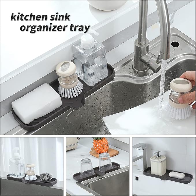 MicoYang Silicone Soap Dish with Drain Spout — Self-Draining Double Sink Organizer Tray for Kitchen & Bathroom, Dispensers, Sponges & Soap Holder, Non-Slip & Dishwasher Safe, Coffee (Large, 12"×4")