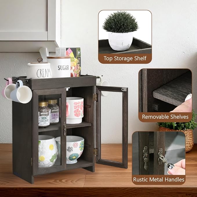 Ikee Design Small Wooden Countertop Storage Cabinet with Adjustable Shelves and Removable Hooks, Perfect for Perfume, Pantry, Essential Oil, 10.4W x 6.1D x 14.4H in, Dark Brown